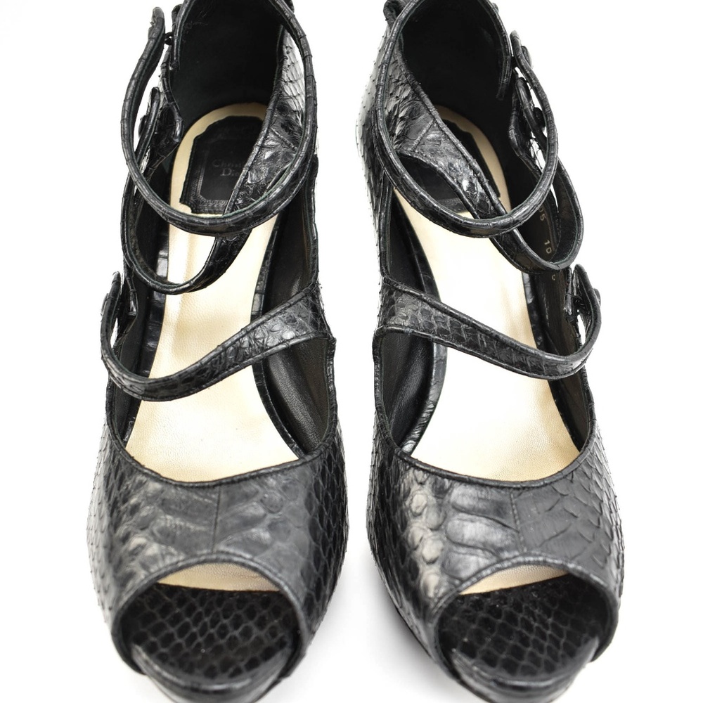 Dior: Black, Leather "Python" Peep-Toe Heels/Pumps - image 3